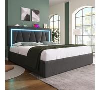 SUKY Letto imbottito a LED, letto matrimoniale con funzione di ricarica USB tipo C, struttura in lino, letto per ragazzi con illuminazione a LED, con rete a doghe (grigio/senza materasso, 140 x 200