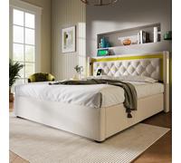 SUKY Letto imbottito a LED, letto matrimoniale, struttura in cotone, letto per ragazzi con rete a doghe, contenitore con funzione di ricarica USB tipo C, testiera (beige chiaro/senza materasso, 140 x