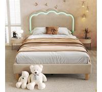 SUKY Letto imbottito a LED, letto singolo con rete a doghe e testiera regolabile, letto imbottito, telaio letto per ragazzi per camera da letto, camera degli ospiti (beige, 90 x 190 cm)