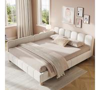 SUKY Letto imbottito per bambini, 140 x 190 cm, con poggiatesta trapuntato e barriera di sicurezza, piedi in legno massello, velluto, beige.