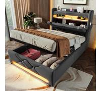 SUKY Letto imbottito singolo, 90 x 200 cm, capienza testiera con porta USB e tipo C, funzione LED 360 surround intorno alla testa e ai piedi, letti con spazio idraulico, lino, senza materasso, grigio