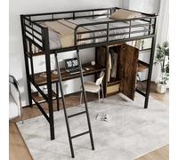 SUKY Letto in ferro, 90 x 200 cm, nero, adatto per bambini e persone in crescita, con tavolo e armadio, con ampio ripiano, con scala a 4 livelli, ferro e truciolato