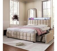 SUKY Letto matrimoniale, letto imbottito con funzione di ricarica USB, testiera e illuminazione a LED e 4 cassetti, rete a doghe in legno (beige/senza materasso, 160 x 200 cm)