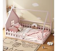 SUKY Letto piano, lettino per bambini, 140 x 200 cm, listello, ringhiera, legno di pino, MDF (rosa)