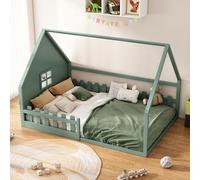 SUKY Letto piano, lettino per bambini, 140 x 200 cm, listello, ringhiera, legno di pino, MDF (verde)