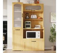 SUKY Mobile alto con ripiani regolabili e cassetti, armadio da cucina con ripiani estraibili e vetro scanalato, ideale per sala da pranzo, soggiorno e cucina, 98 × 40 × 177 cm, naturale