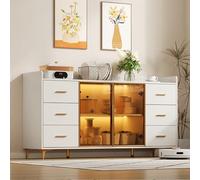 SUKY Moderno armadio da cucina/credenza/6 cassetti/ante in vetro/illuminazione a LED, illuminazione d'atmosfera e maniglie in metallo dorato, adatto per cucina, soggiorno, camera da letto, 160 x 44 x