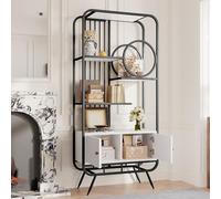 SUKY Scaffale in metallo, 80 x 30 x 180 cm, armadio bianco con doppia porta, tre ripiani, scaffale in metallo nero, piedini alti in metallo, decorazione rotonda, bianco + nero