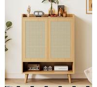 SUKY Scarpiera B80/H105/T35 cm, in rattan naturale, scarpiera con 2 ante e 5 ripiani, per corridoio, con manici in legno e gambe in legno massello