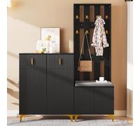 SUKY Set di guardaroba con scarpiera e cuscini, pannello di ingresso con ganci, scarpiera con cassetti e ante, 60,5 L x 180,5 A x 35,2 P (cm) + 83 L x 101 A x 35 P (cm) (Nero)