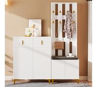 SUKY Set di guardaroba con scarpiera e cuscini, pannello per appendiabiti con ganci, scarpiera con cassetti e ante, 60,5 L x 180,5 A x 35,2 P (cm) + 83 L x 101 A x 35 P (cm) (Bianco)