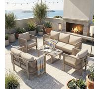 SUKY Set di mobili da giardino, 5 pezzi, piano in vetro, treccia Teslin, composto da un divano a tre posti, un divano a due posti, due divani singoli e un tavolino da caffè, kaki