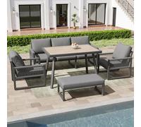 SUKY Set di mobili da giardino per esterni, 6-7 posti, resistente alle intemperie, per balcone, terrazza, divano da giardino con grande tavolo da pranzo, cuscino e cuscino per schienale di alta