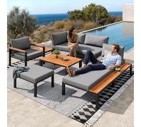 SUKY Set di seduta modulare per esterni con combinazione libera, grigio, robusto telaio in metallo, cuscino traspirante e tavoli in legno, per terrazza, balcone, piscina