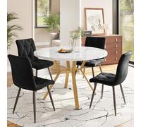 SUKY Set di tavolo da pranzo moderno e sedia, 5 pezzi, semplice set da pranzo rotondo in marmo, gambe in metallo dorato + 4 sedie ergonomiche in velluto (sedie da pranzo nere)
