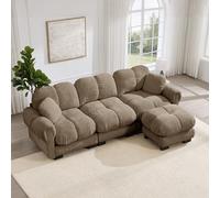 SUKY Sofa Cloud - Divano a forma di L, 3 posti, con pouf mobile e 2 piccoli cuscini decorativi, design trapuntato fine, cuscino spesso, morbido e di supporto, facile da montare, per soggiorno, marrone