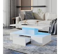 SUKY Tavolino da salotto a due livelli, con luce a LED a 16 colori, lucido, tavolo da soggiorno con scaffale aperto e 1 cassetto scorrevole, 100 x 50 x 39 cm (bianco)