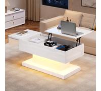 SUKY Tavolino da tè a LED, lucido, con illuminazione a LED, piano da tavolo semi-sollevabile e design scorrevole lateralmente, sollevatore idraulico e spazio di archiviazione, 100 x 50 x 45 cm (bianco