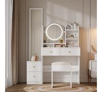 SUKY Tavolo da trucco 4 in 1, con specchio e specchio da tavolo girevole, 3 colori, illuminazione a LED, manico in metallo, bianco, 164 x 109 x 36 cm