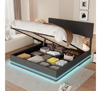 SUKY Telaio letto 160 x 200 cm, grigio scuro, letto matrimoniale con spazio di archiviazione e cornice piatta, telaio per letto a LED con funzione di ricarica USB, funzione antipolvere, telaio per