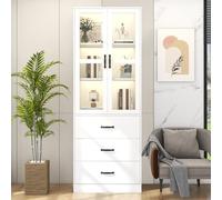SUKY Vetrina bianca alta 200 cm, vetrina da 60 x 40 x 200 cm con 3 cassetti e 2 ante in vetro, 2 mobili illuminazione a LED - un'aggiunta elegante alla vostra collezione