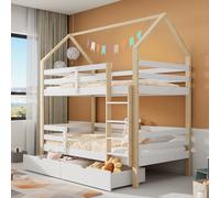 SUKY Vieni dentro e fuori dal letto, letto matrimoniale, 90 x 200 cm, bianco+colore legno, culla a forma di casa, grandi cassetti, letto in legno di pino per bambini, senza materasso