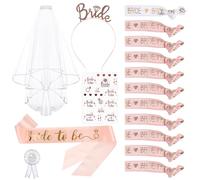 SULOLI 17 Pezzi Addio al Nubilato Gadget,Bride to Be Decorazione,Kit Accessori Velo Sposa,Satin Sash,Team Sposa Bracciali,Cerchietto Tiara,Tatuaggi,Spille