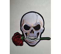 SUMA SHOP Grande Toppa Ricamata Patch Moto Skull Teschio Con Rosa Termoadesiva dimensioni 21,5 x 19,5 cm