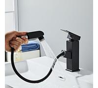 Sumeber Rubinetto da bagno con rubinetto estraibile nero per lavabo alto con 2 tipi di getto, rubinetto, in acciaio inox, per bagno, nero opaco, Quadrata Nera