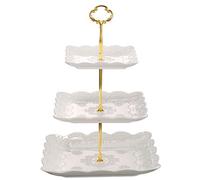 Sumerflos - Alzata per cupcake, a 3 livelli, in porcellana, quadrata, bianca in rilievo, per matrimoni e feste