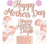 Sumjollity Confezione di decorazioni per la festa della mamma, con brillantini in oro rosa e decorazioni per torte, con scritta "I Love Mom Thank Mom Photo Props Home Celebrate Party Decor