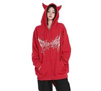 Sumleno Felpa con cappuccio da donna con cerniera e corno del diavolo Y2K abbigliamento oversize emo Alt felpa con cappuccio punk gotico estetico grunge pullover, B Rosso., Medium