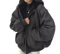 Sumleno Giacca Sherpa per donne adolescenti ragazze reversibile Y2k zip up felpa con cappuccio in pile pelliccia grunge cappotto invernale Cutecore vestiti coreani, nero, X-Large