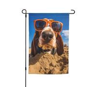 Summer Basset Hound Cucciolo carino Il mio amore cane sulla spiaggia Bandiera da giardino vibrante bifacciale 12 x 18 pollici Decorazione per casa e giardino