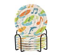 Summer Boat Musical Note Bright Colorful Delfino Sottobicchieri con supporto Set di 6 sottobicchieri per tazze Cucina Decor