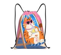 Summer Cat with Drink Borsa con Coulisse Regolabile Borsa Palestra Stringa Zainetto per Vacanze Yoga Spiaggia 36X42Cm