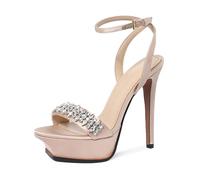 Summer Champagne Silk Platform Crystal Banquet Shoes Round Toe Super High Heel Sexy Word-Cingulate Sandals(Champagne 11cm,39)