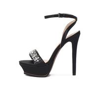 Summer Champagne Silk Platform Crystal Banquet Shoes Round Toe Super High Heel Sexy Word-Cingulate Sandals(Black 25 * 27 * 13CM,39)