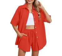 Summer Co Ord Set da donna - Camicia a maniche lunghe con bottoni, camicetta top e pantaloncini a due pezzi abbigliamento da salotto da donna set coordinato vestiti per uscire vacanza spiaggia, RD2