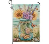 Summer Coastal Flower Jar Yellow Sunflower Sea Shells Butterfly Bandiere Resistente Alle Intemperie Bandiera Durevole Flag Per Giardino Interno Feste 30X45Cm