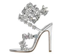Summer Designer Butterfly-Knot Crystal Sandals Sexy Peep Toe Thin Heel Wedding Party Back Strap Shoes(Silver,37)