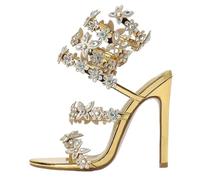 Summer Designer Butterfly-Knot Crystal Sandals Sexy Peep Toe Thin Heel Wedding Party Back Strap Shoes(Gold,41)
