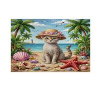 Summer Devon Rex Cat Beach Puzzle per adulti 1000 pezzi, Palm Coastal Kitten Beachy Puzzle in legno, decorazione tropicale stampata per intrattenimento creativo