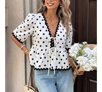 Summer Edit: Blusa Blu con Scollo a V Francese - Decorata con Maniche a Palloncino, Bordi in Pizzo a Conchiglia, Ricamo Delicato & Un Coulisse per Stringere, Questo Top Corto che Valorizza la Vita Ele
