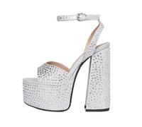 Summer Fabric Round Toe Waterproof Platform Super High Heel Crystal Dinner Word-Cingulate Sandals Large Size(Silver,38)