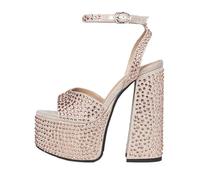 Summer Fabric Round Toe Waterproof Platform Super High Heel Crystal Dinner Word-Cingulate Sandals Large Size(Champagne,39)