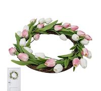 Summer Flower Tulips Wreath, Artificial Greenery Hanging Ring, Large Bloom Circle Wall Accent, Woven Vine Base Door Piece, Home Entry Garden Patio Indoor Outdoor Styling Accent for Celebration Display