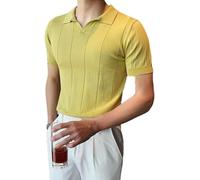 Summer Knit Breathable Work T Shirt Mens Casual Solid Color Slim Fit V Neck Polo Shirt(Amarillo,M)