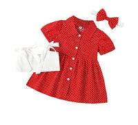 Summer Little Girls Toddler Kids Dress 3pcs Clothes Set Polka Dot Printed Puff Sleeve Single Breasted A Line Abiti Giubbotto Headband Set Abito Da Sera Grandi Dimensioni, rosso, 5-6 Anni