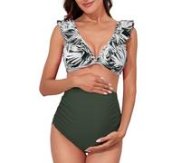 Summer Mae - Costume da bagno premaman, bikini a due pezzi con volant, a vita alta, con stampa floreale, scollo a V, per gravidanza, XL